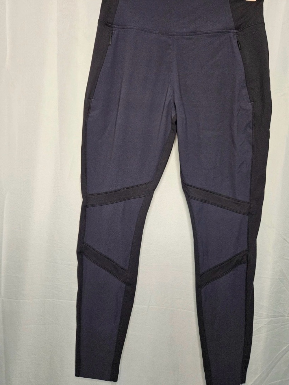 Athleta Metro Moto High Rise Leggings Navy Blue Black Panel Zip Pockets Size 4